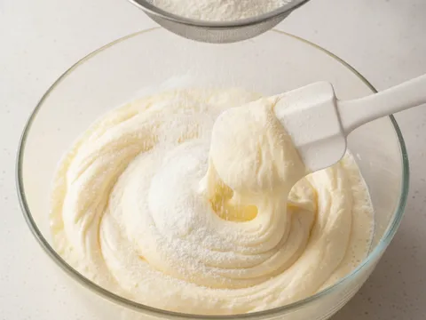Tepung diayak masuk ke dalam adunan telur kembang dan dikaup balik perlahan dengan spatula getah
