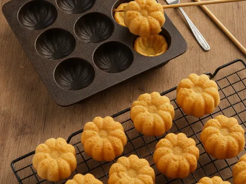 Kuih bahulu keemasan dicungkil keluar dari acuan bahulu dan disusun menyejuk di atas redai dawai