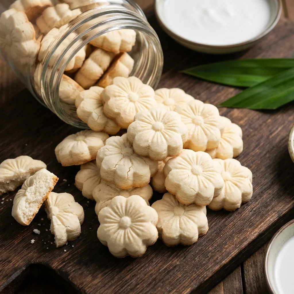 Kuih bangkit berbentuk bunga bertimbun dalam balang kaca terbuka, warna pucat gading dengan permukaan berukir halus