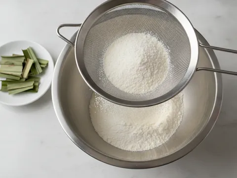 Tepung sagu bersangai diayak melalui penapis halus ke dalam mangkuk besar untuk disejukkan