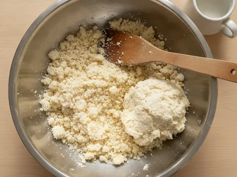 Doh kuih bangkit berderai seperti pasir lembap diuli dengan tangan dalam mangkuk besar