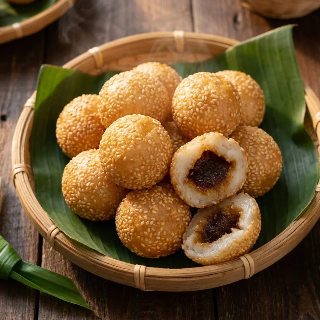 Kuih bom bijan keemasan bersalut bijan putih dalam bakul rotan, sebiji dibelah dua menunjukkan inti kelapa gula melaka di dalamnya