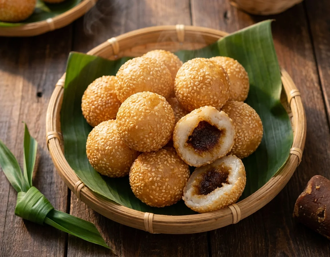 Kuih bom bijan keemasan bersalut bijan putih dalam bakul rotan, sebiji dibelah dua menunjukkan inti kelapa gula melaka di dalamnya