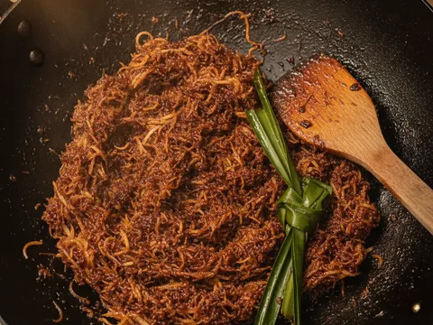Kelapa parut dimasak bersama gula melaka cair dan daun pandan dalam kuali sehingga menjadi inti kelapa yang kering
