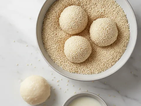 Bebola doh kuih bom digolek dalam bekas berisi bijan putih sehingga seluruh permukaan bersalut bijan