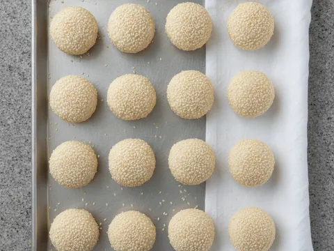 Kuih bom bersalut bijan disusun di atas dulang dan ditutup dengan kain putih bersih untuk direhatkan