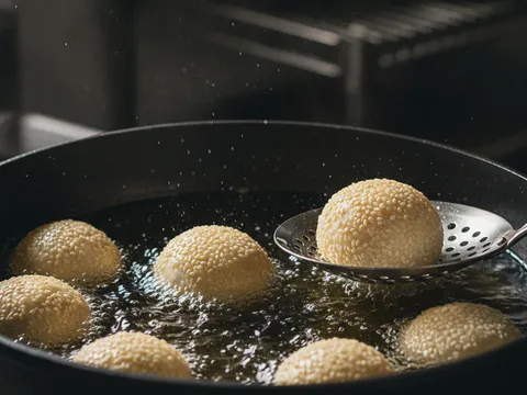 Kuih bom bijan digoreng dalam minyak rendam di dalam periuk dalam sambil ditekan perlahan dengan penyudip berlubang