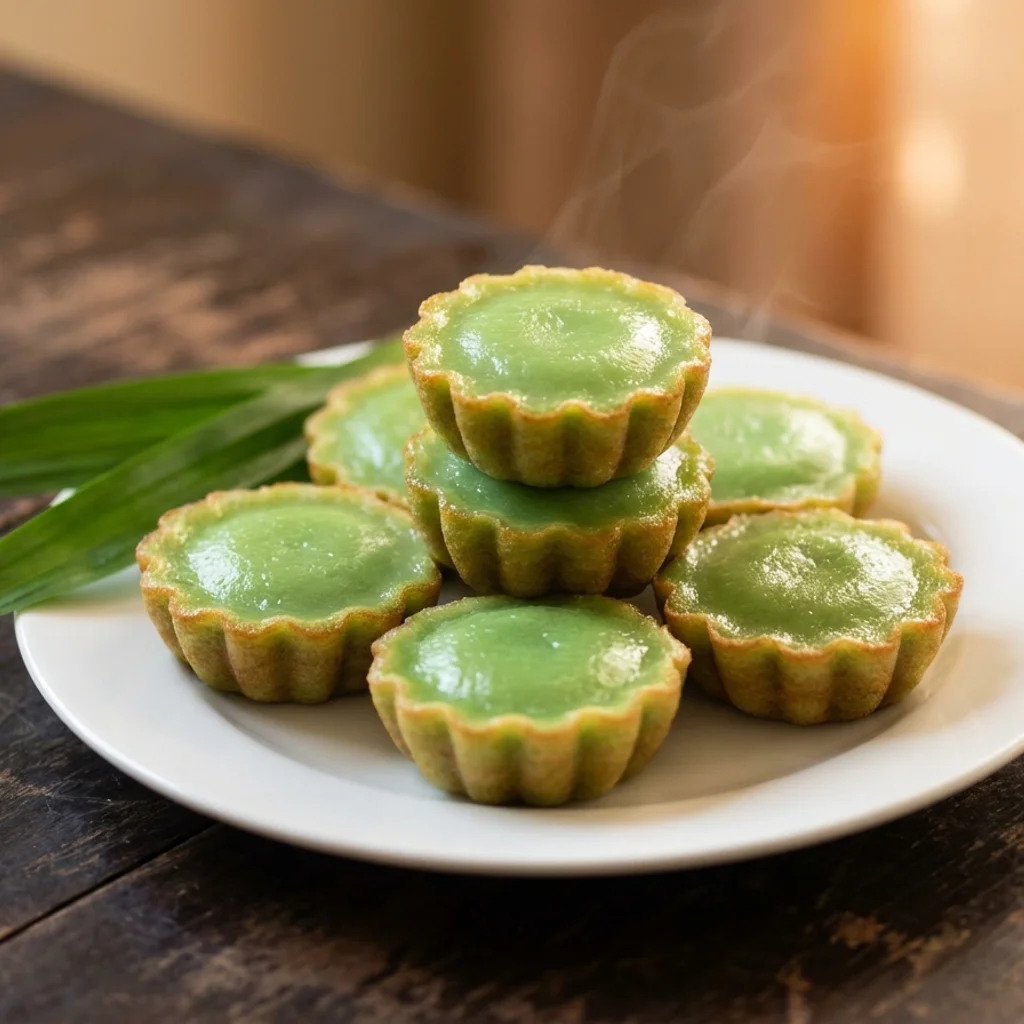 Kuih cara manis hijau berbentuk bulatan kecil dengan tepi keperangan, tersusun di atas pinggan putih bersama beberapa helai daun pandan