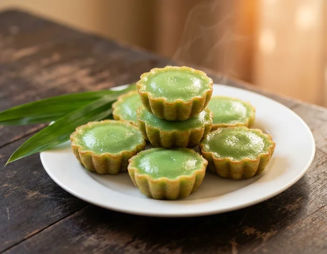 Kuih cara manis hijau berbentuk bulatan kecil dengan tepi keperangan, tersusun di atas pinggan putih bersama beberapa helai daun pandan