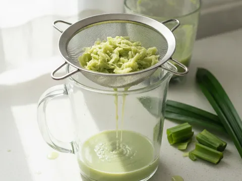 Jus pandan hijau muda ditapis melalui penapis halus ke dalam jug kaca, dengan hampas daun pandan tertinggal di penapis