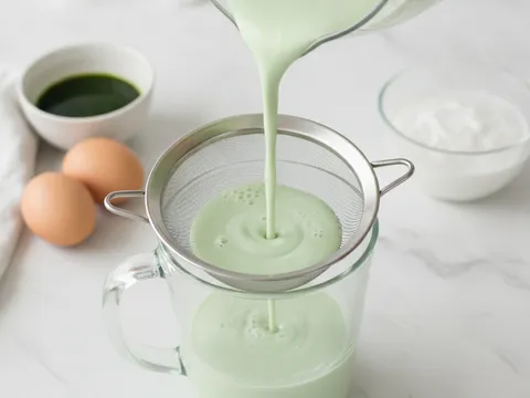 Adunan kuih cara hijau cair ditapis daripada pengisar ke dalam jug, licin tanpa ketulan tepung
