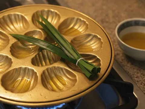 Acuan kuih cara bulat berkelopak dipanaskan di atas dapur, disapu minyak nipis menggunakan berus yang diperbuat daripada daun pandan