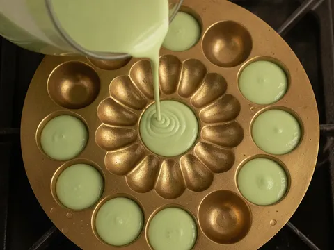 Adunan kuih cara dituang dari jug ke dalam setiap ruang acuan bulat yang telah dipanaskan, hampir penuh