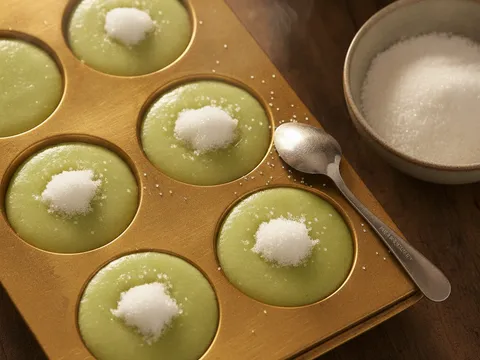 Gula kastor diletakkan di tengah setiap kuih cara yang bahagian bawahnya sudah mengeras di dalam acuan