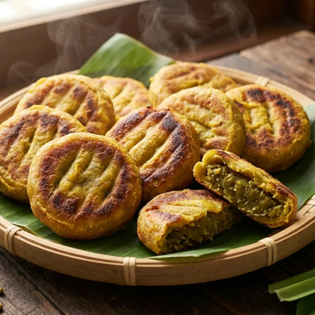 Kuih kasturi bulat leper bersalut tepung kuning keemasan disusun atas dulang buluh, sebiji dibelah menampakkan inti kacang hijau