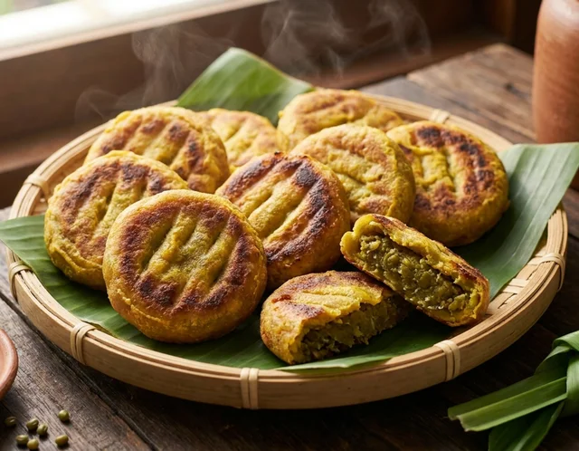 Kuih kasturi bulat leper bersalut tepung kuning keemasan disusun atas dulang buluh, sebiji dibelah menampakkan inti kacang hijau