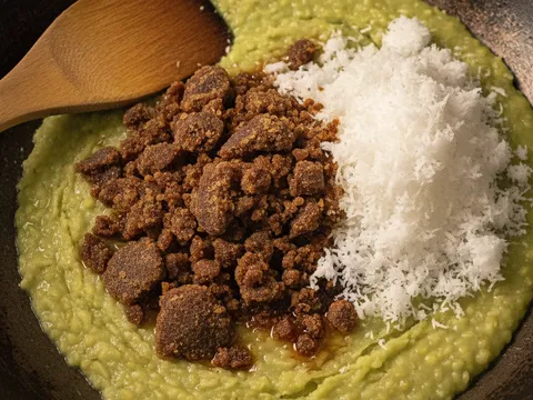 Gula melaka cincang dan kelapa parut dimasukkan ke dalam kacang hijau rebus di dalam kuali