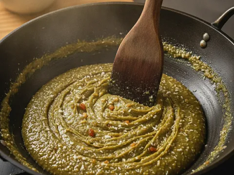 Adunan kacang hijau dikacau dengan senduk kayu dalam kuali sehingga pekat dan boleh ditarik dari dasar