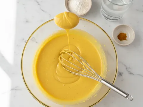 Bancuhan tepung berwarna kuning dipukul dengan whisk dalam mangkuk sehingga licin dan sebati