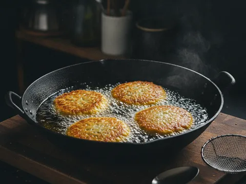 Kuih kasturi bersalut bancuhan tepung kuning digoreng dalam minyak panas berbuih sehingga keemasan