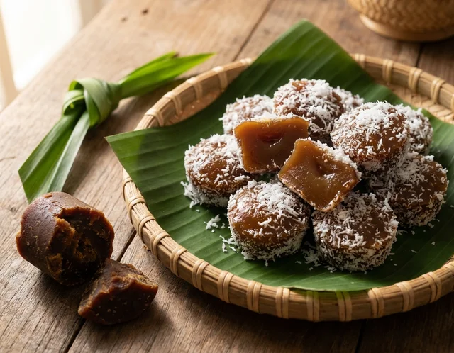 Kuih kaswi gula melaka berwarna perang yang kenyal, disaluti kelapa parut putih bergaram di atas daun pisang