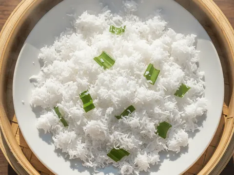 Kelapa parut putih bergaram dikukus dalam pinggan bersama potongan daun pandan