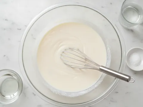 Bancuhan tepung cair berwarna putih dipukul dengan whisk dalam mangkuk besar