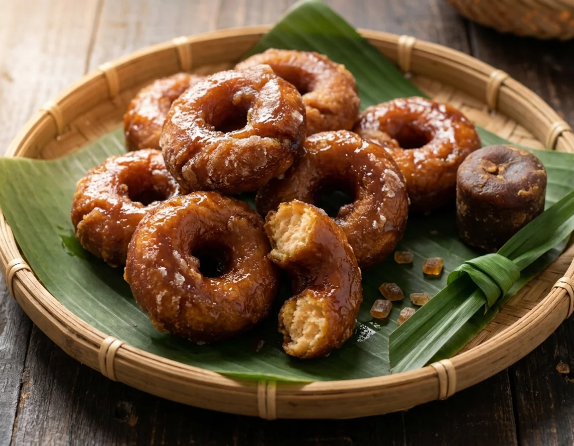 Kuih keria berbentuk gelang bersalut sira gula melaka berkilat disusun atas dulang buluh