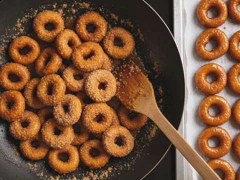 Kuih keria digaul dalam sira gula melaka pekat sehingga bersalut sekata dan berkilat