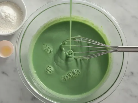 Adunan kulit dadar hijau cair dipukul dengan whisk dalam mangkuk kaca sehingga licin