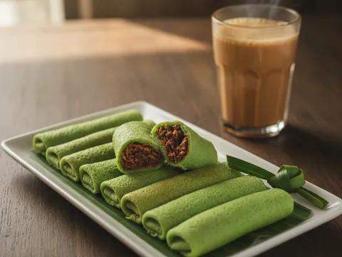 Kuih ketayap hijau tersusun kemas di atas pinggan beralas daun pisang, sebiji dipotong menampakkan inti