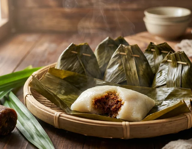 Kuih koci pulut berinti kelapa gula melaka dalam bungkusan kon daun pisang, satu dibuka menampakkan doh putih lembut dan inti coklat keemasan
