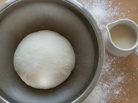 Doh tepung pulut putih diuli dalam mangkuk sehingga licin dan tidak melekat