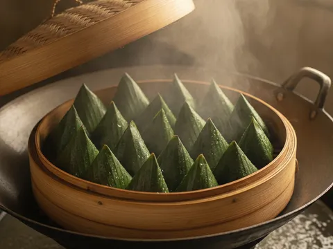 Bungkusan kuih koci daun pisang tersusun dalam kukusan buluh dengan wap panas naik