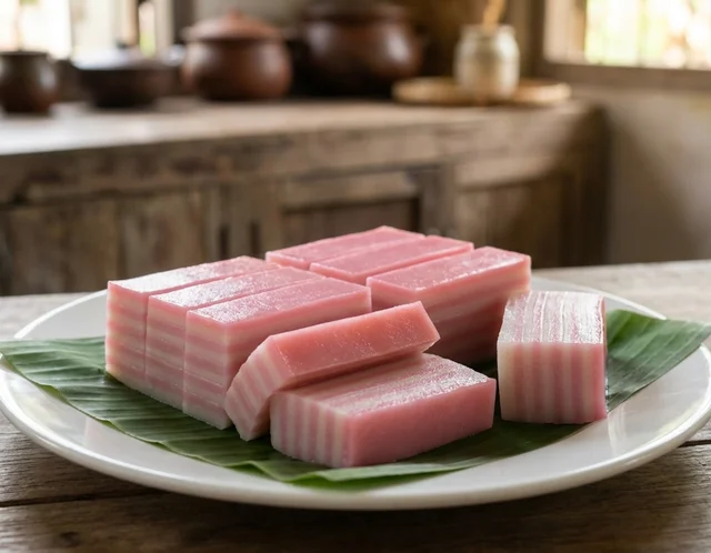 Potongan kuih lapis tepung beras 9 lapis merah jambu dan putih tersusun di atas pinggan, lapisan nipis jelas kelihatan