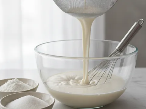 Adunan tepung beras dan santan ditapis melalui penapis halus ke dalam mangkuk