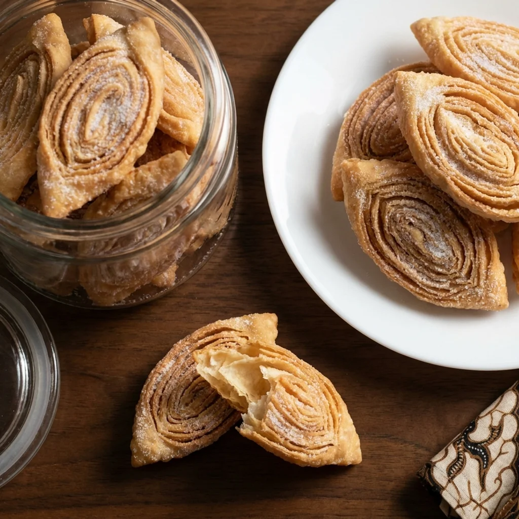 Kuih lidah buaya atau kuih tiram berlapis berwarna keemasan yang disalut gula halus, tersusun dalam balang kaca dan di atas pinggan putih