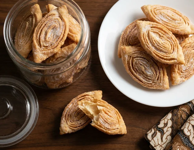 Kuih lidah buaya atau kuih tiram berlapis berwarna keemasan yang disalut gula halus, tersusun dalam balang kaca dan di atas pinggan putih