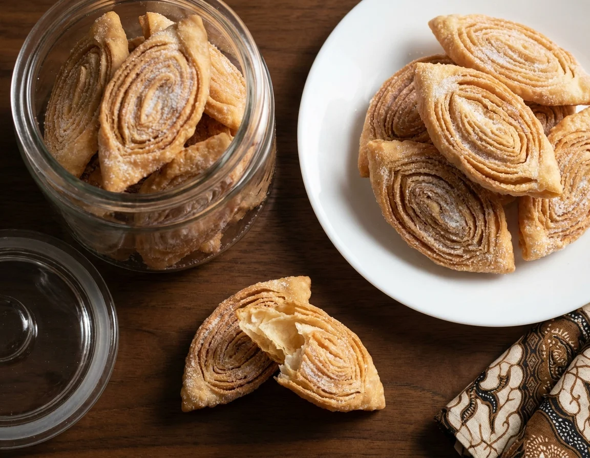 Kuih lidah buaya atau kuih tiram berlapis berwarna keemasan yang disalut gula halus, tersusun dalam balang kaca dan di atas pinggan putih