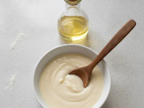 Pes tepung ubi kayu dan minyak masak dikacau dalam mangkuk kecil sehingga menjadi pes licin sederhana pekat