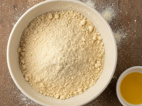 Campuran tepung gandum dan marjerin dicairkan yang berderai menyerupai serbuk roti di dalam mangkuk besar