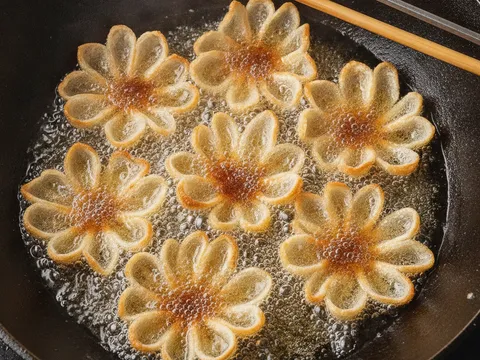 Kuih berlapis digoreng dalam minyak dengan api sederhana sehingga kembang dan berwarna keemasan
