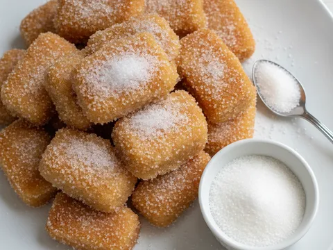 Kuih berlapis keemasan yang telah sejuk digaul dengan gula halus sehingga bersalut rata di atas pinggan