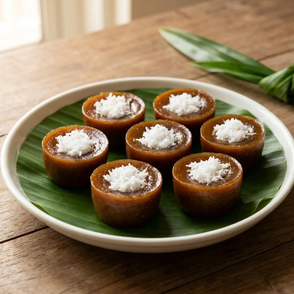 Kuih lompang gula melaka berwarna perang berlesung pipit di tengah, ditabur kelapa parut putih bergaram, tersusun atas pinggan