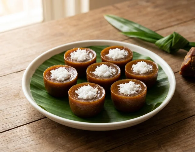 Kuih lompang gula melaka berwarna perang berlesung pipit di tengah, ditabur kelapa parut putih bergaram, tersusun atas pinggan
