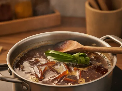 Sirap gula melaka dan daun pandan dimasak dalam periuk sehingga gula larut dan berwarna perang gelap