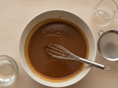 Adunan tepung beras dan sirap gula melaka dikacau dengan whisk dalam mangkuk besar sehingga licin