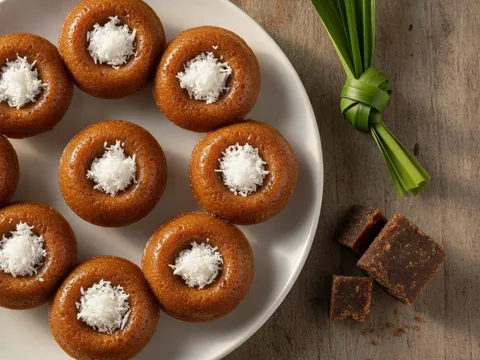 Kuih lompang yang telah dikeluarkan dari acuan disusun atas pinggan dan ditabur kelapa parut bergaram di tengahnya