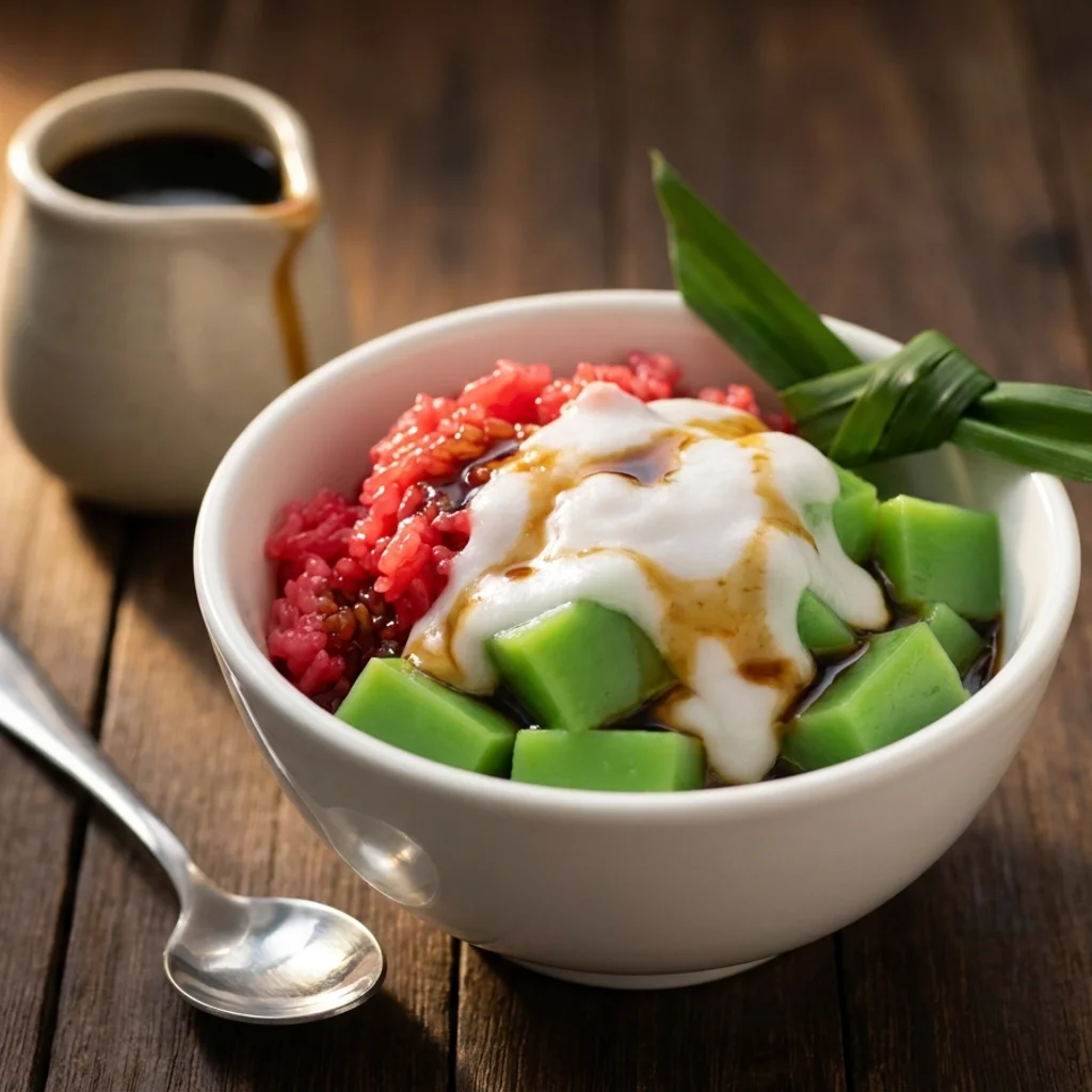 Kuih lompat tikam dalam mangkuk putih — potongan lapisan pandan hijau di bawah, kepala santan putih di tengah, pulut merah di sisi dan air nise gula melaka disiram di atasnya