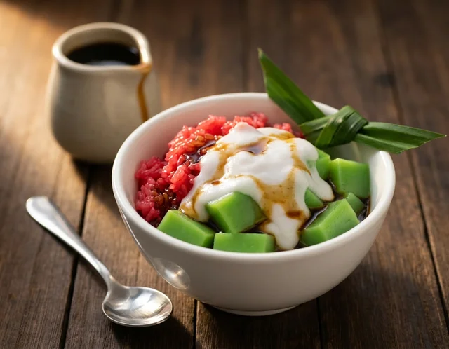 Kuih lompat tikam dalam mangkuk putih — potongan lapisan pandan hijau di bawah, kepala santan putih di tengah, pulut merah di sisi dan air nise gula melaka disiram di atasnya